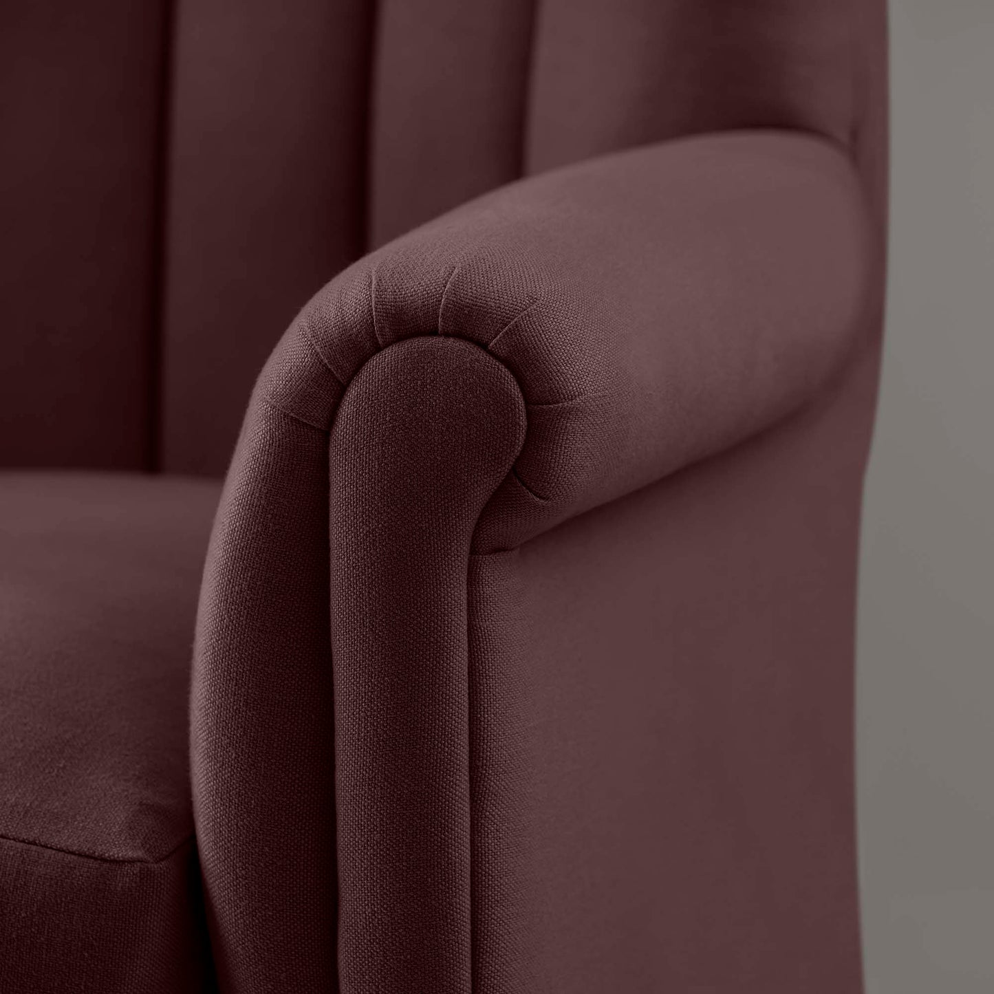 Time Out Armchair in Laidback Linen Damson, Arm Design Closeup - NiX