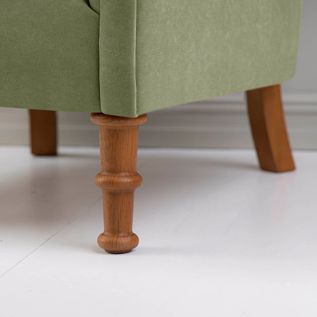  Time Out Armchair in Intelligent Velvet Green Tea, Front Foot Design Closeup - NiX 