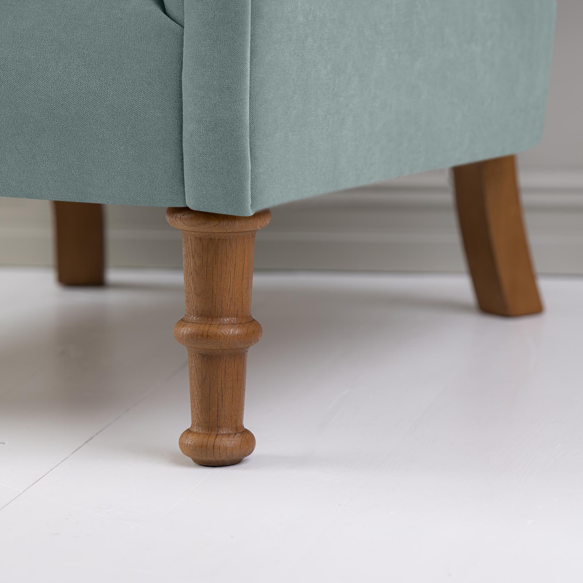  Time Out Armchair in Intelligent Velvet Mineral, Front Foot Design Closeup - NiX 