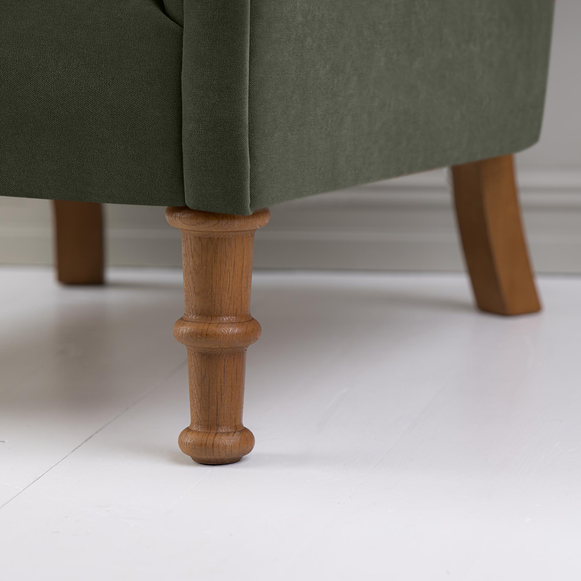  Time Out Armchair in Intelligent Velvet Seaweed, Front Foot Design Closeup - NiX 