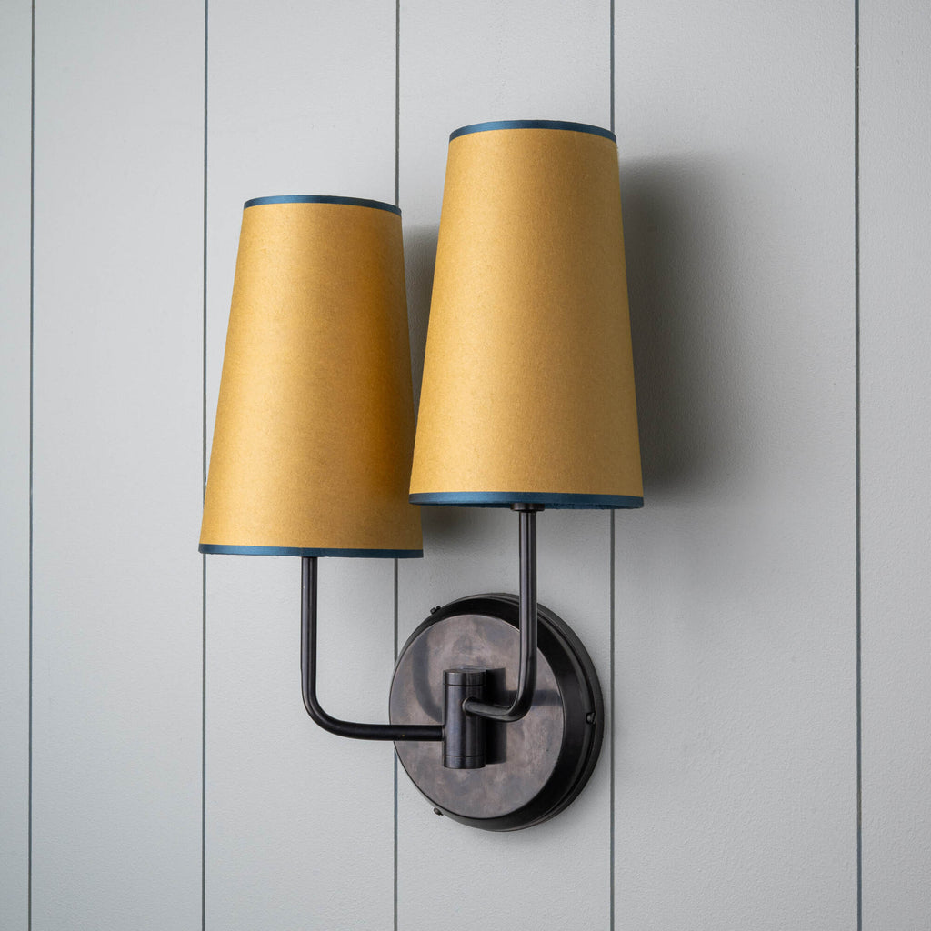  Double Trouble Waxed Brass Wall Light With Mustard Lamp Shades 