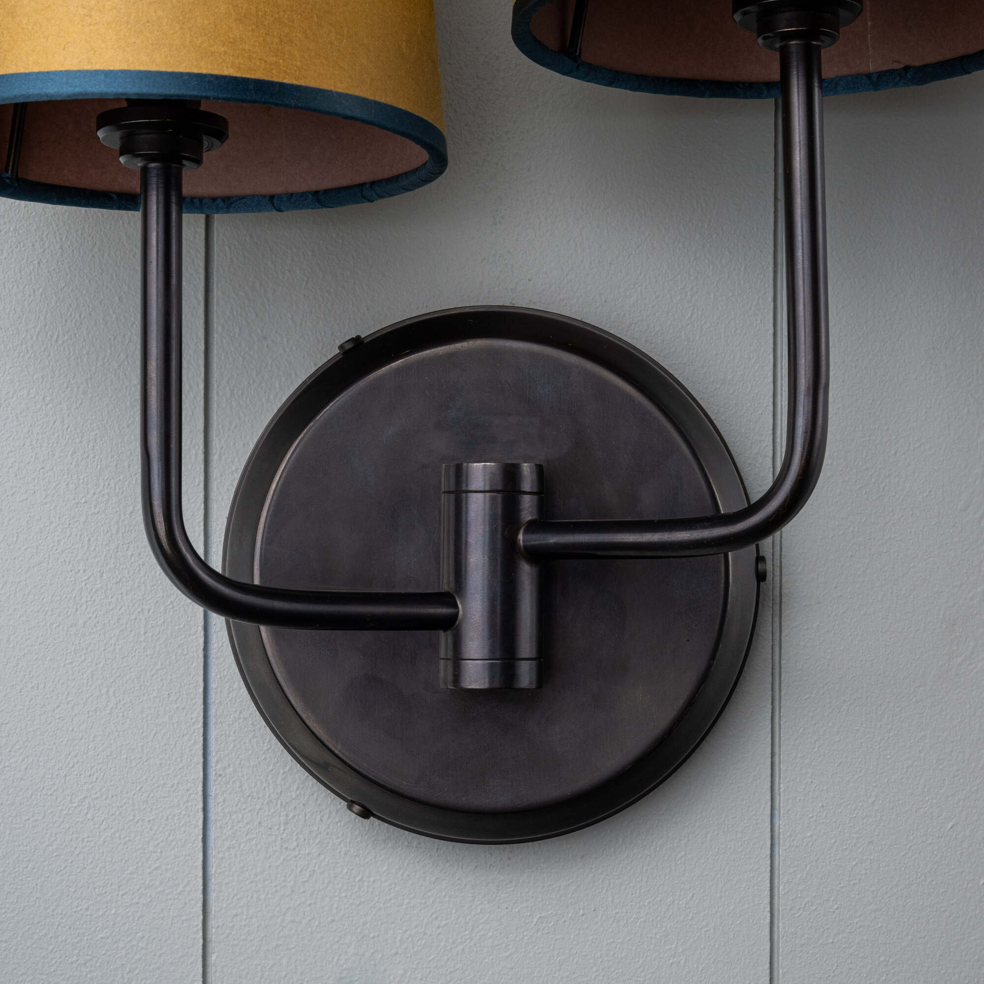  Double Trouble Waxed Brass Wall Light With Mustard Lamp Shades 