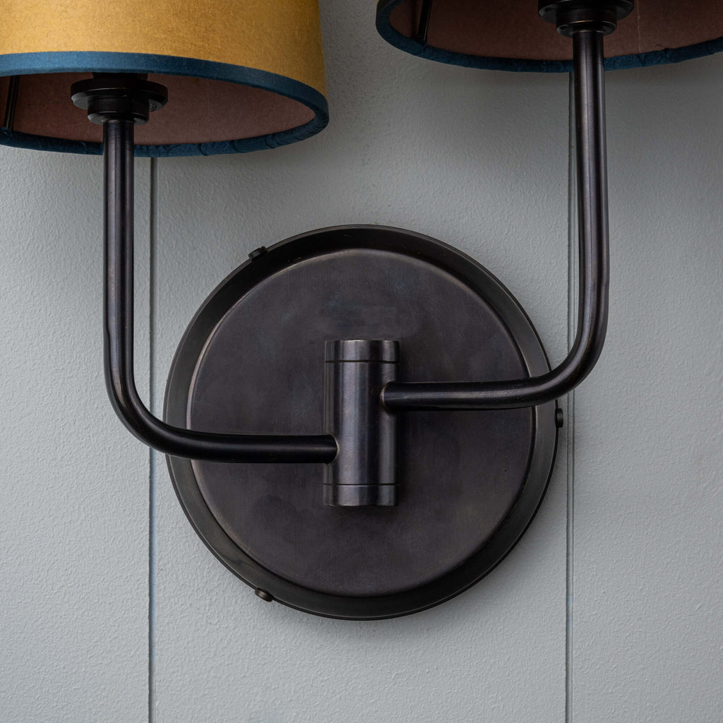  Double Trouble Waxed Brass Wall Light With Mustard Lamp Shades 