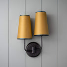  Double Trouble Waxed Brass Wall Light With Mustard Lamp Shades 