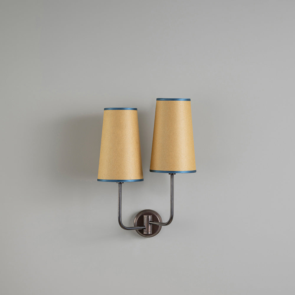 Double Trouble Waxed Brass Wall Light With Mustard Lamp Shades - Nicola Harding