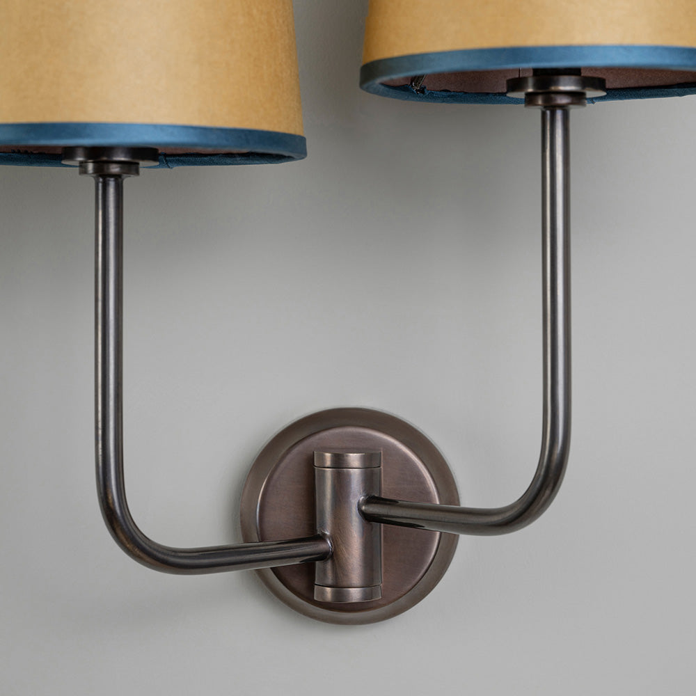 Double Trouble Waxed Brass Wall Light With Mustard Lamp Shades