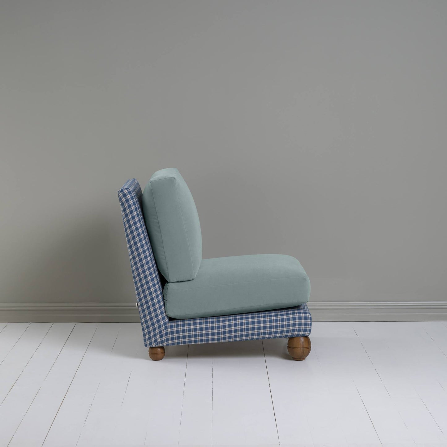 Perch Slipper Armchair in Well Plaid Frame and Intelligent Velvet Mineral Seat