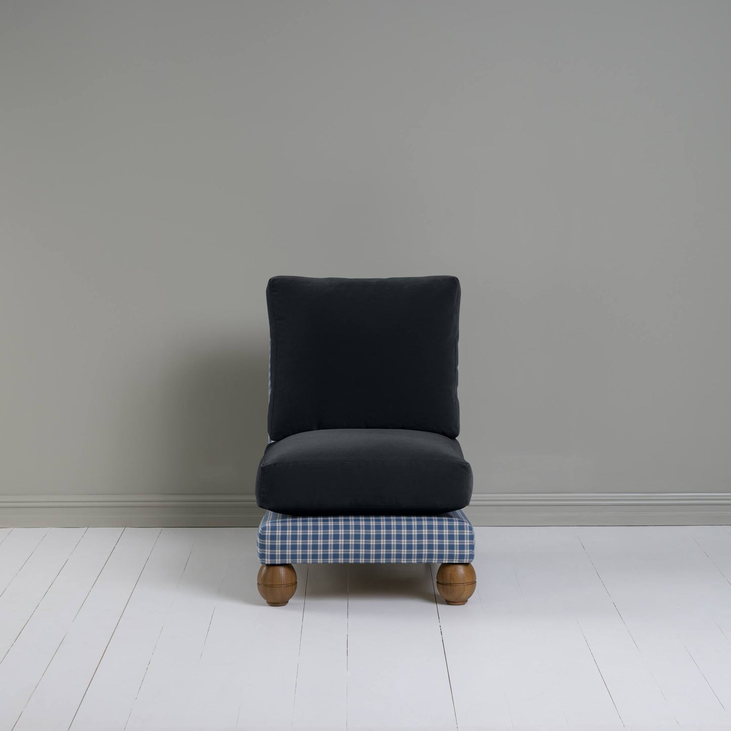 Perch Slipper Armchair in Well Plaid Frame, with Intelligent velvet Onyx cushions