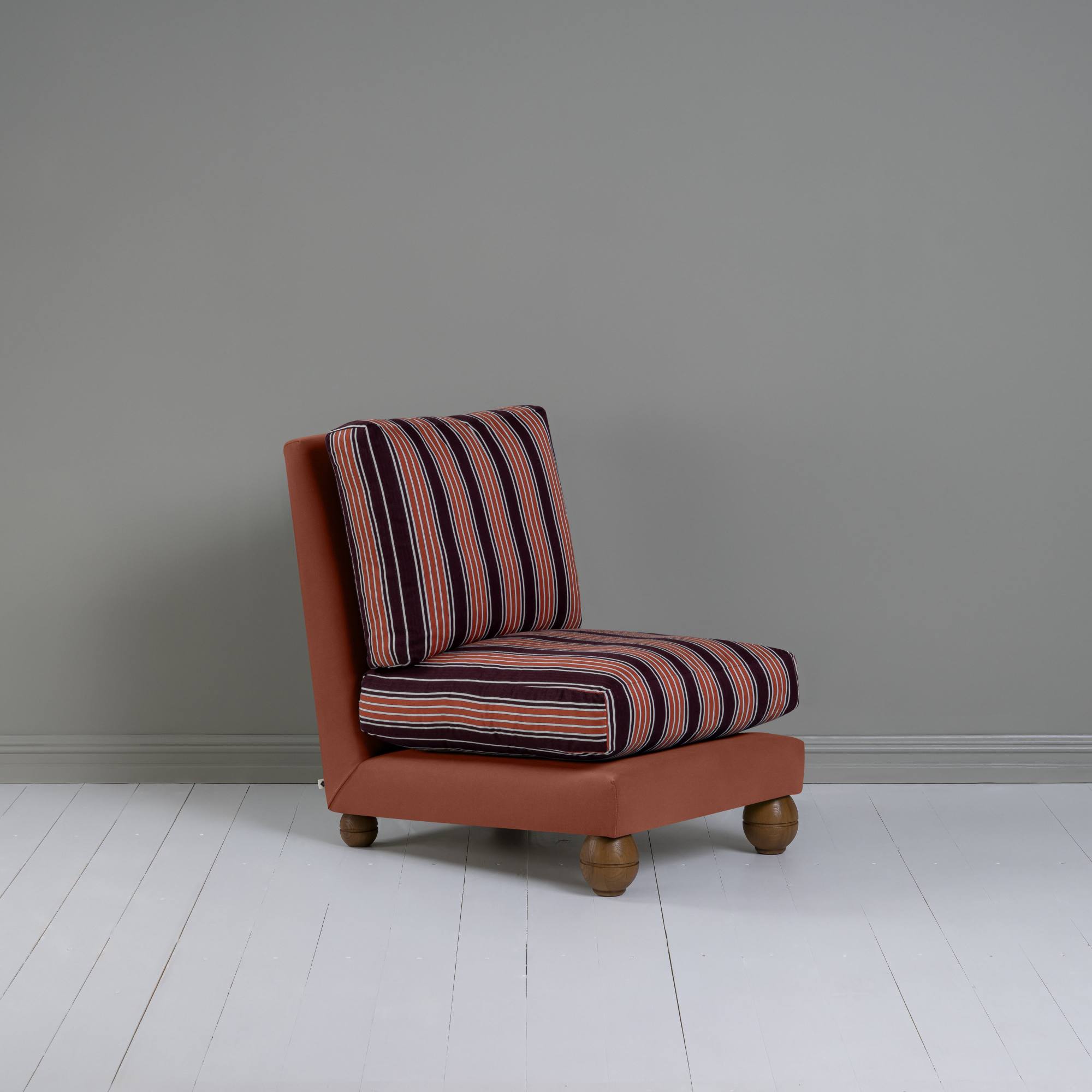  Perch Slipper Armchair in Intelligent Velvet, Sienna Frame and Regatta Cotton, Flame Seat - NiX 