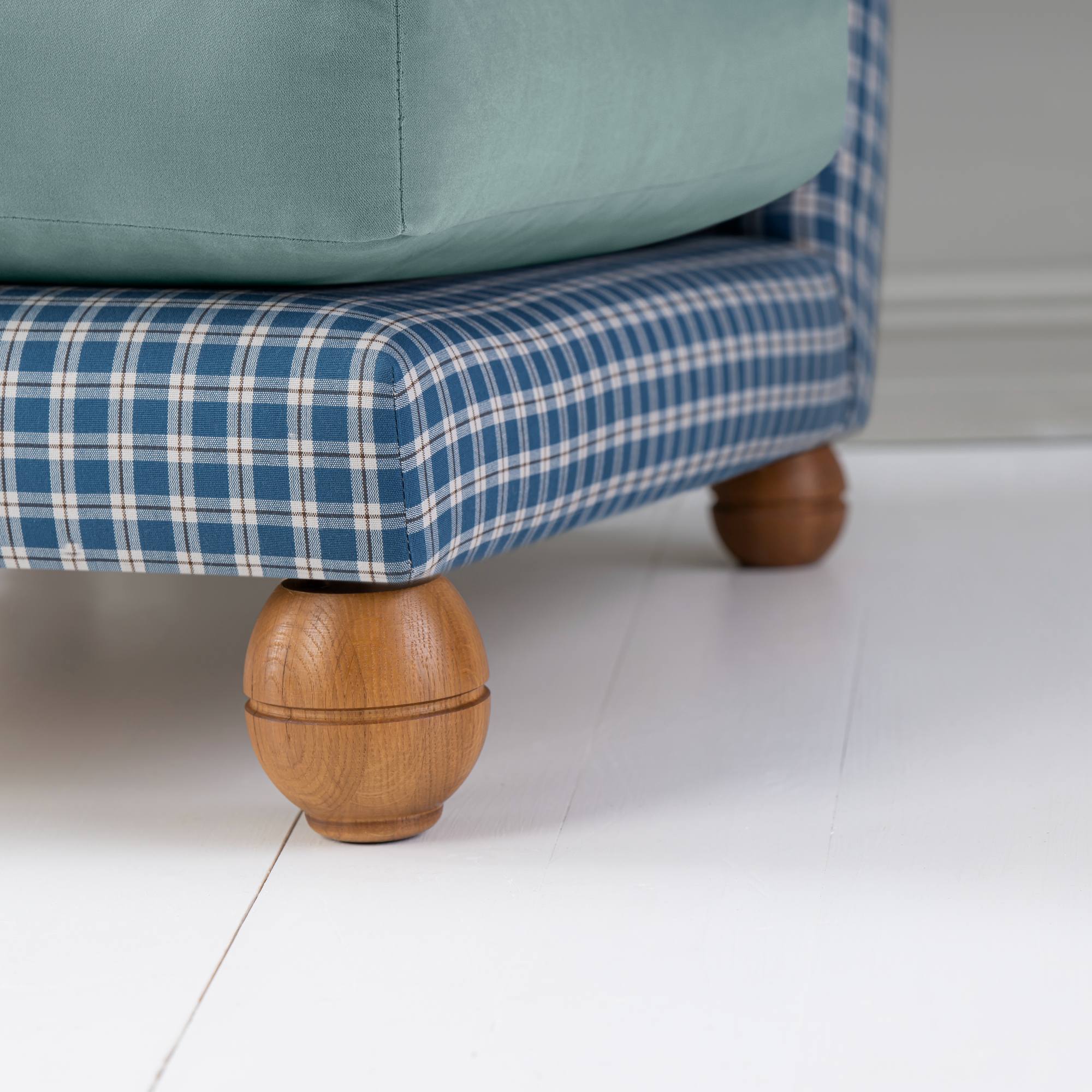  Perch Slipper Armchair in Well Plaid Frame and Intelligent Velvet Mineral Seat Wooden Round Foot Front View Closeup - NiX 