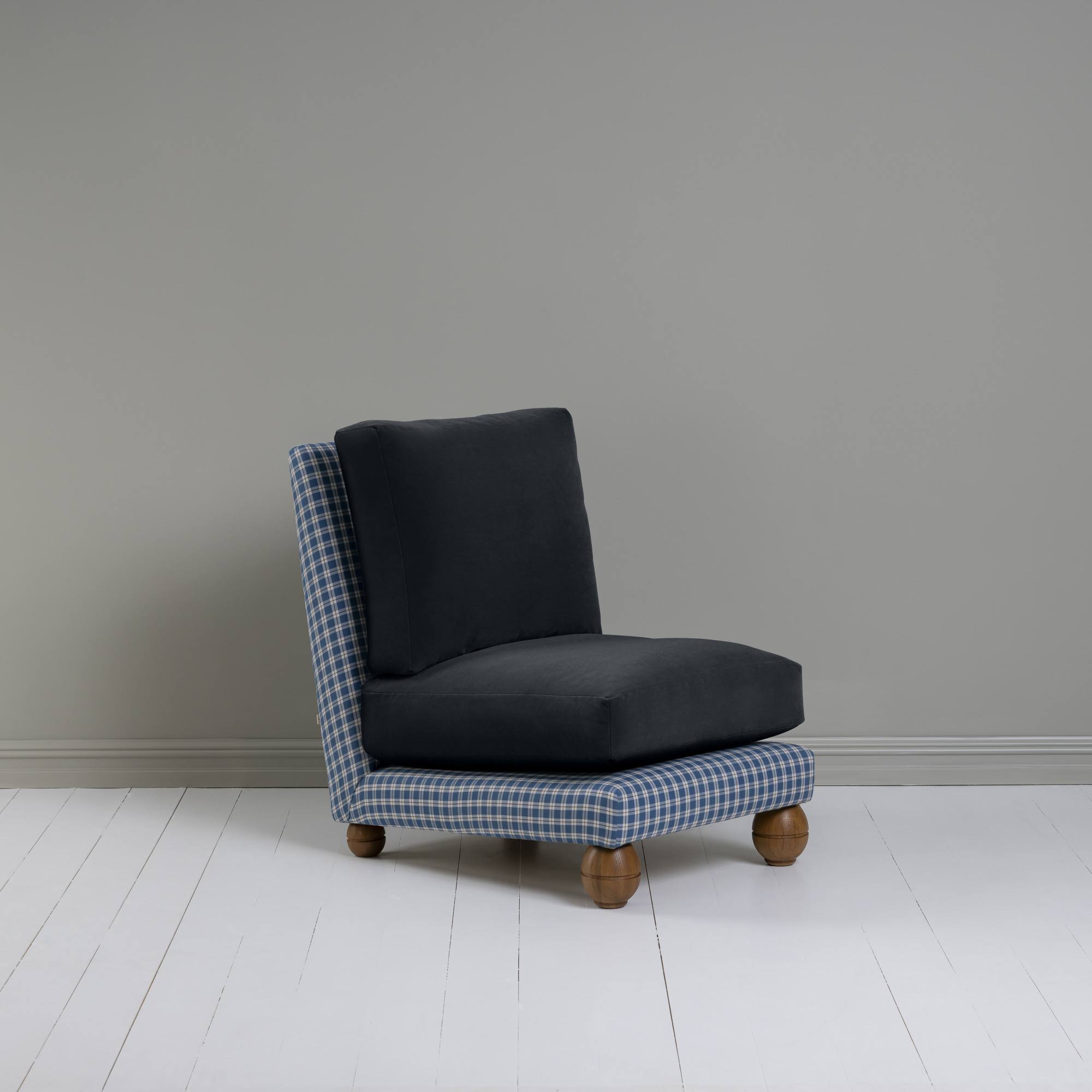  Perch Slipper Armchair in Well Plaid Frame, with Intelligent velvet Onyx cushions 