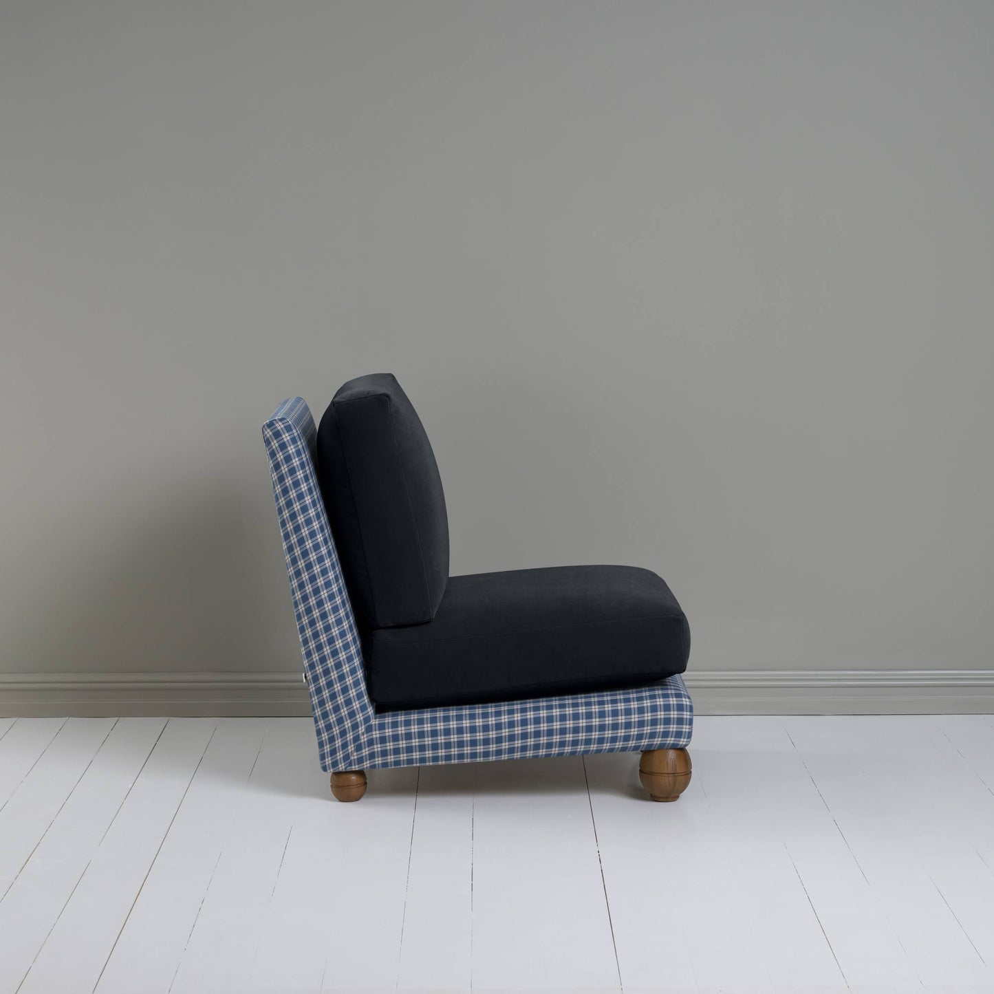 Perch Slipper Armchair in Well Plaid Frame, with Intelligent velvet Onyx cushions