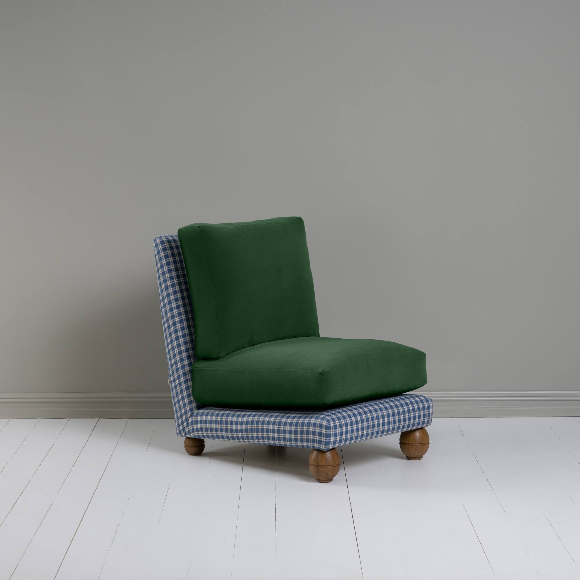  Perch Slipper Armchair in Well Plaid Frame, with Intelligent velvet Juniper cushions 