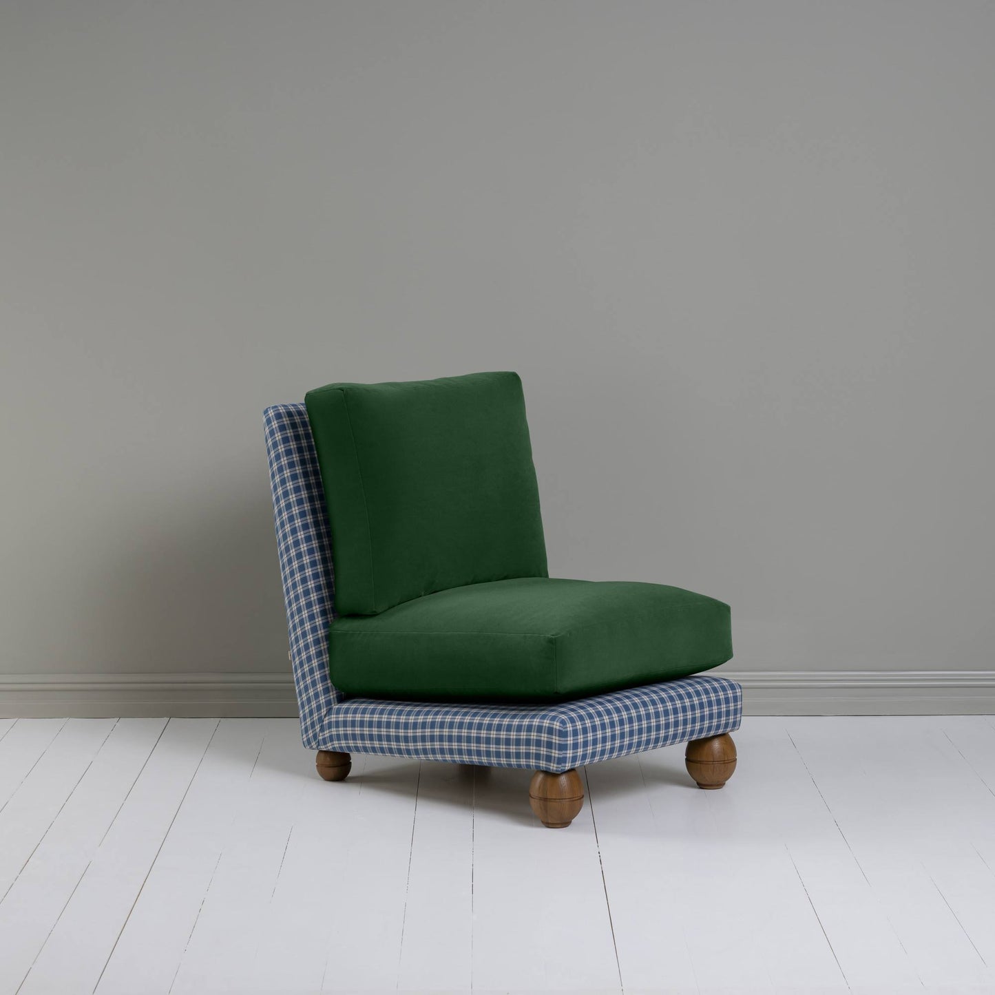 Perch Slipper Armchair in Well Plaid Frame, with Intelligent velvet Juniper cushions