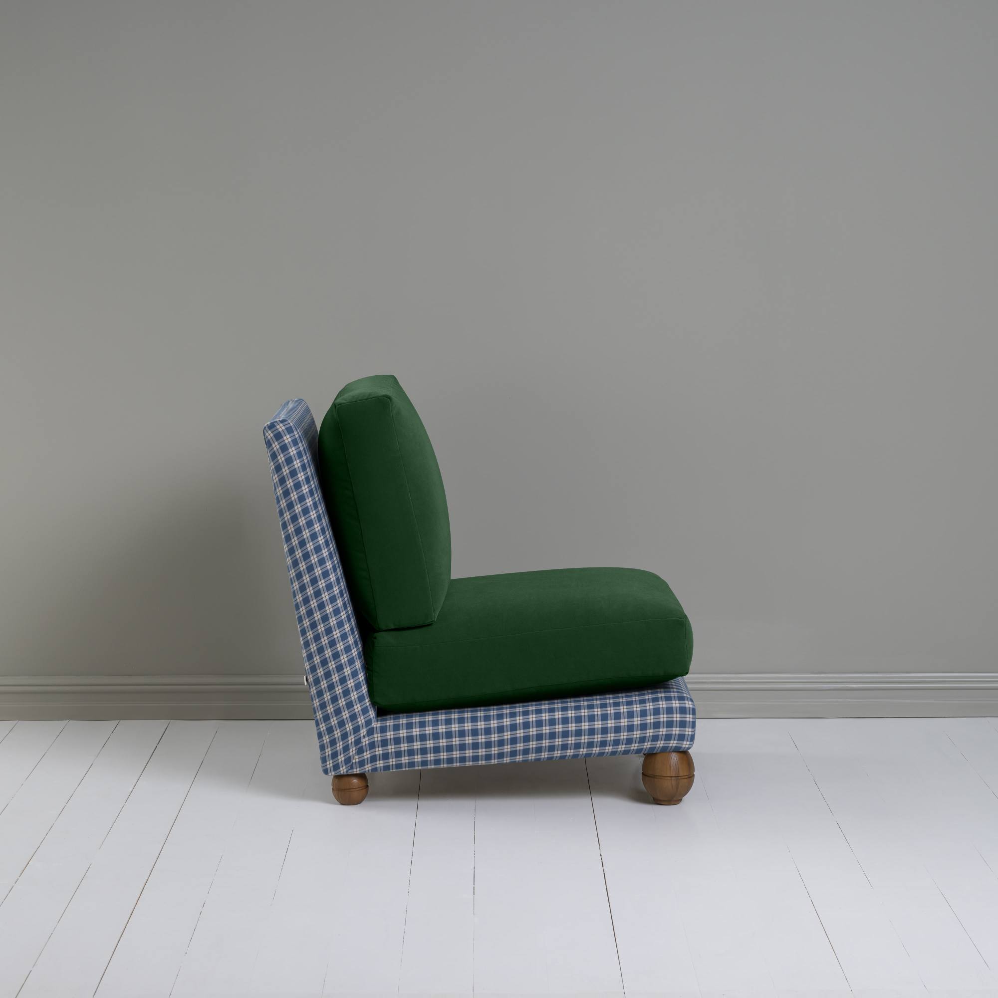  Perch Slipper Armchair in Well Plaid Frame, with Intelligent velvet Juniper cushions 