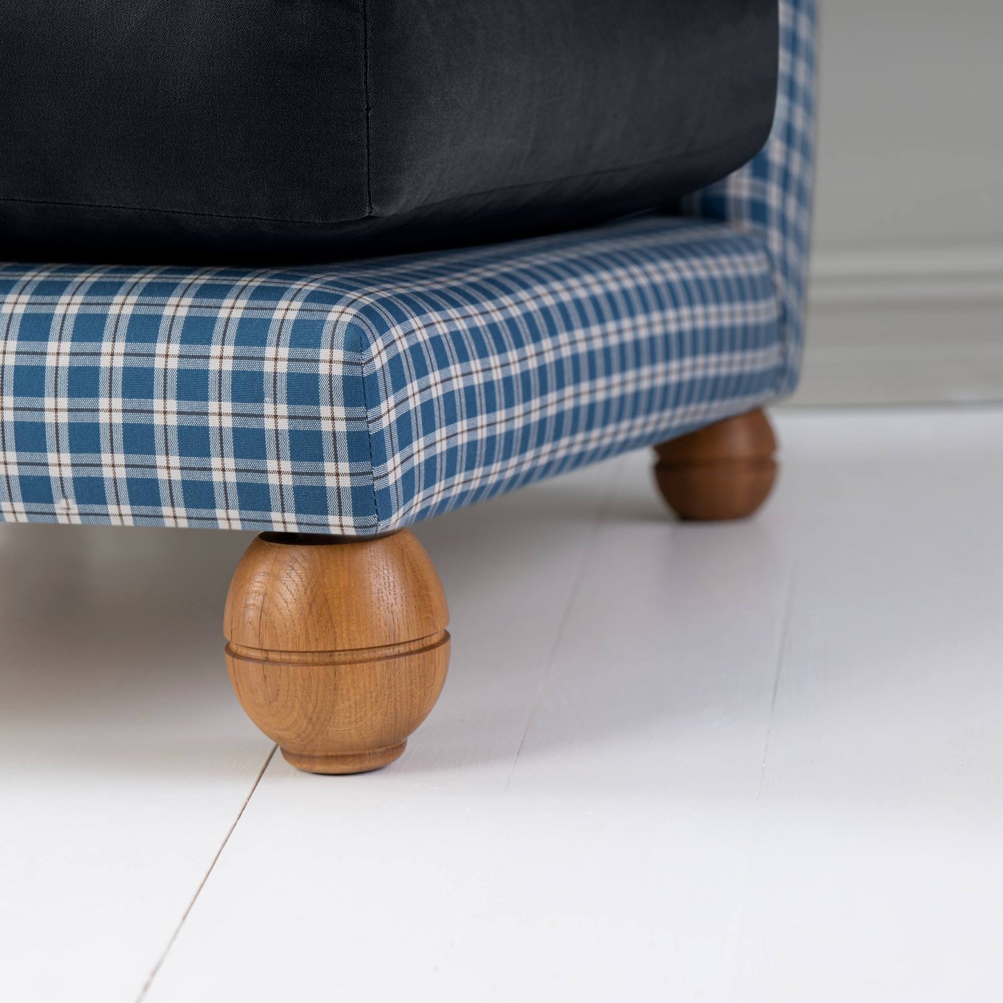 Perch Slipper Armchair in Well Plaid Frame, with Intelligent velvet Onyx cushions