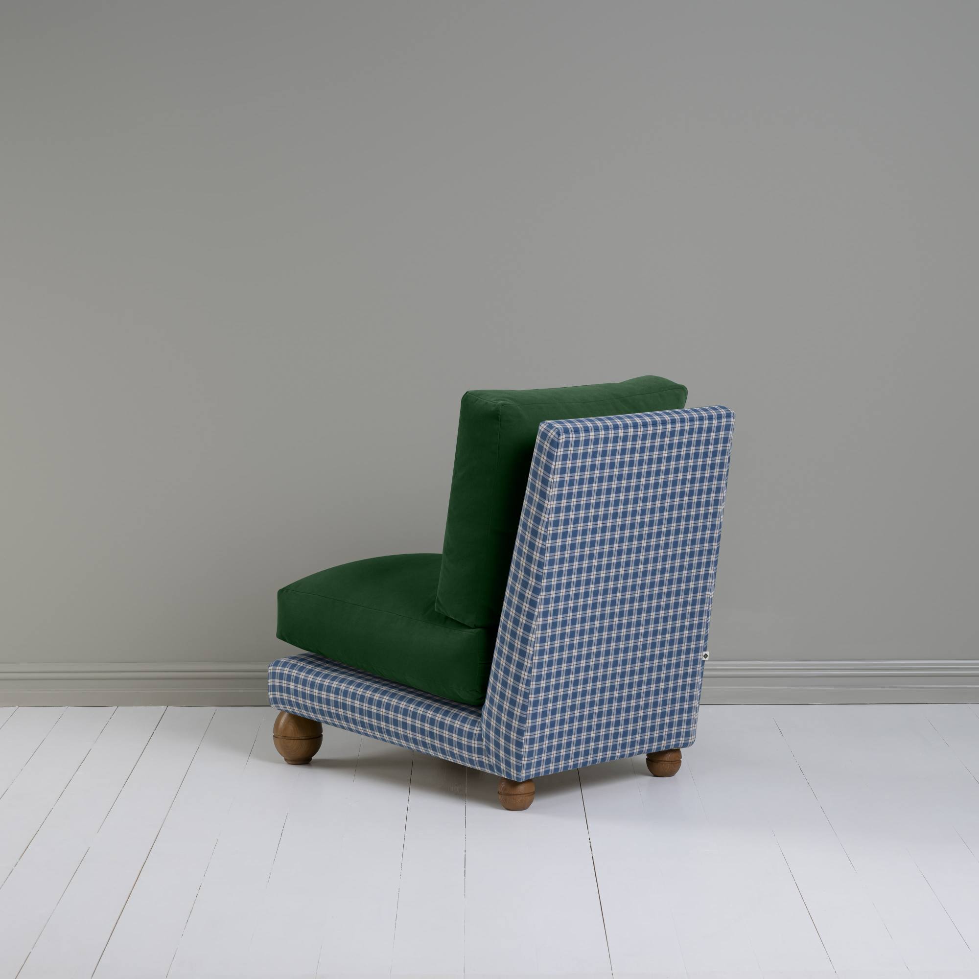  Perch Slipper Armchair in Well Plaid Frame, with Intelligent velvet Juniper cushions 