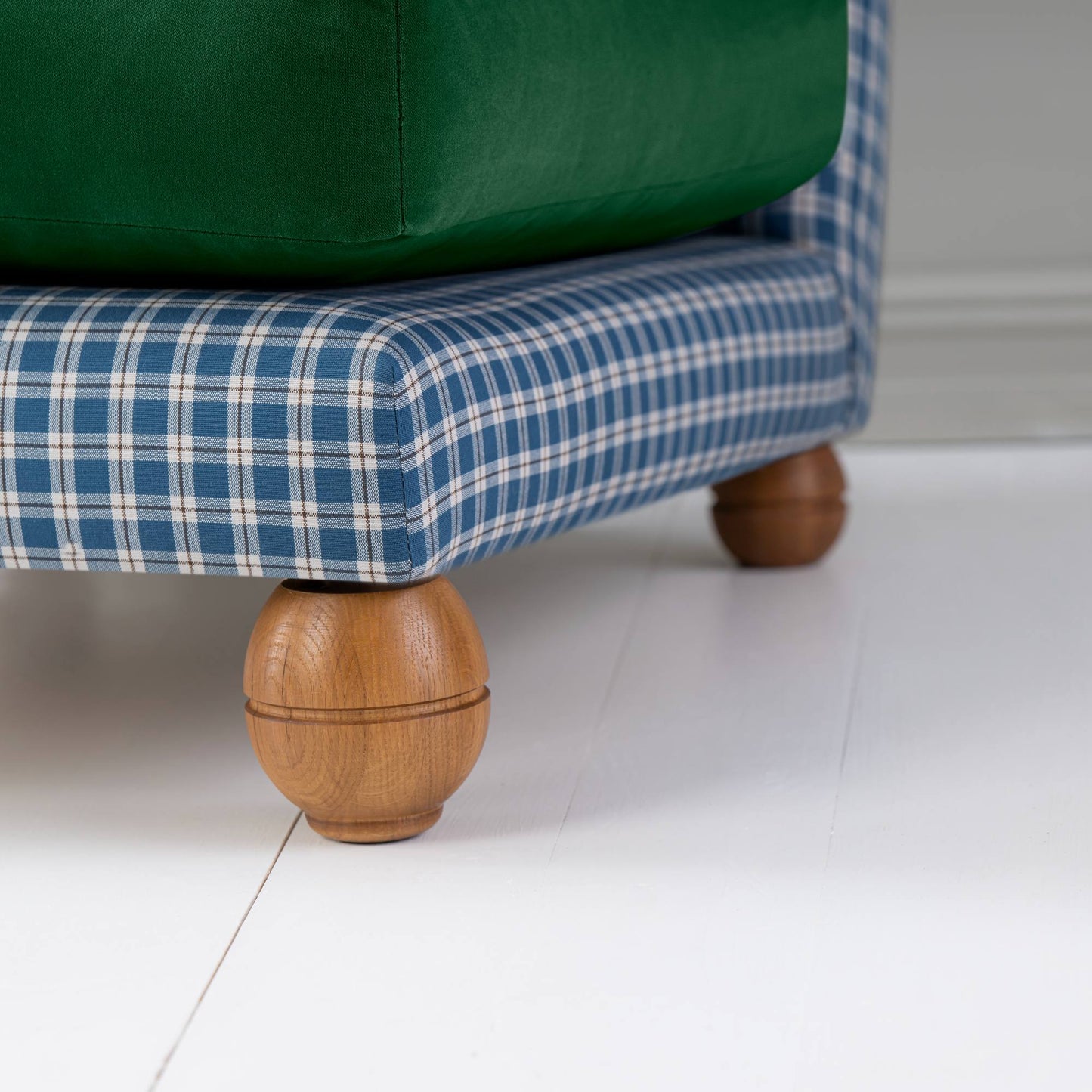 Perch Slipper Armchair in Well Plaid Frame, with Intelligent velvet Juniper cushions