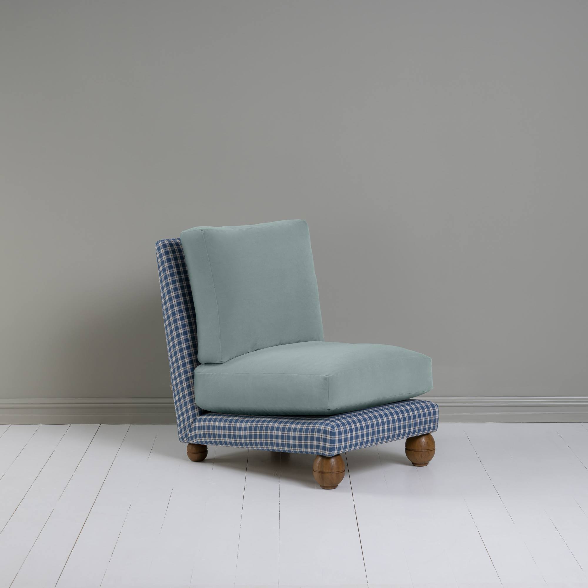  Perch Slipper Armchair in Well Plaid Frame and Intelligent Velvet Mineral Seat 